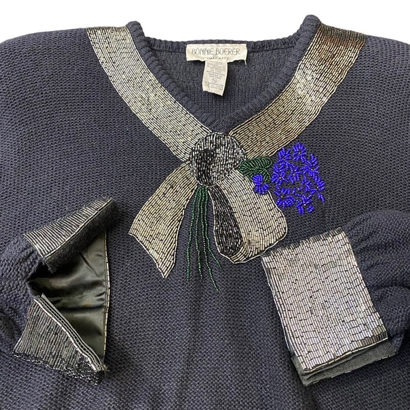 VINTAGE Bonnie Boerer Sweater Size M Navy Silver Embellished 80s Holiday knit - Picture 16 of 16